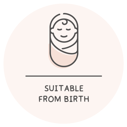 Icon of a swaddled baby with text 'Suitable from Birth', promoting baby care products.