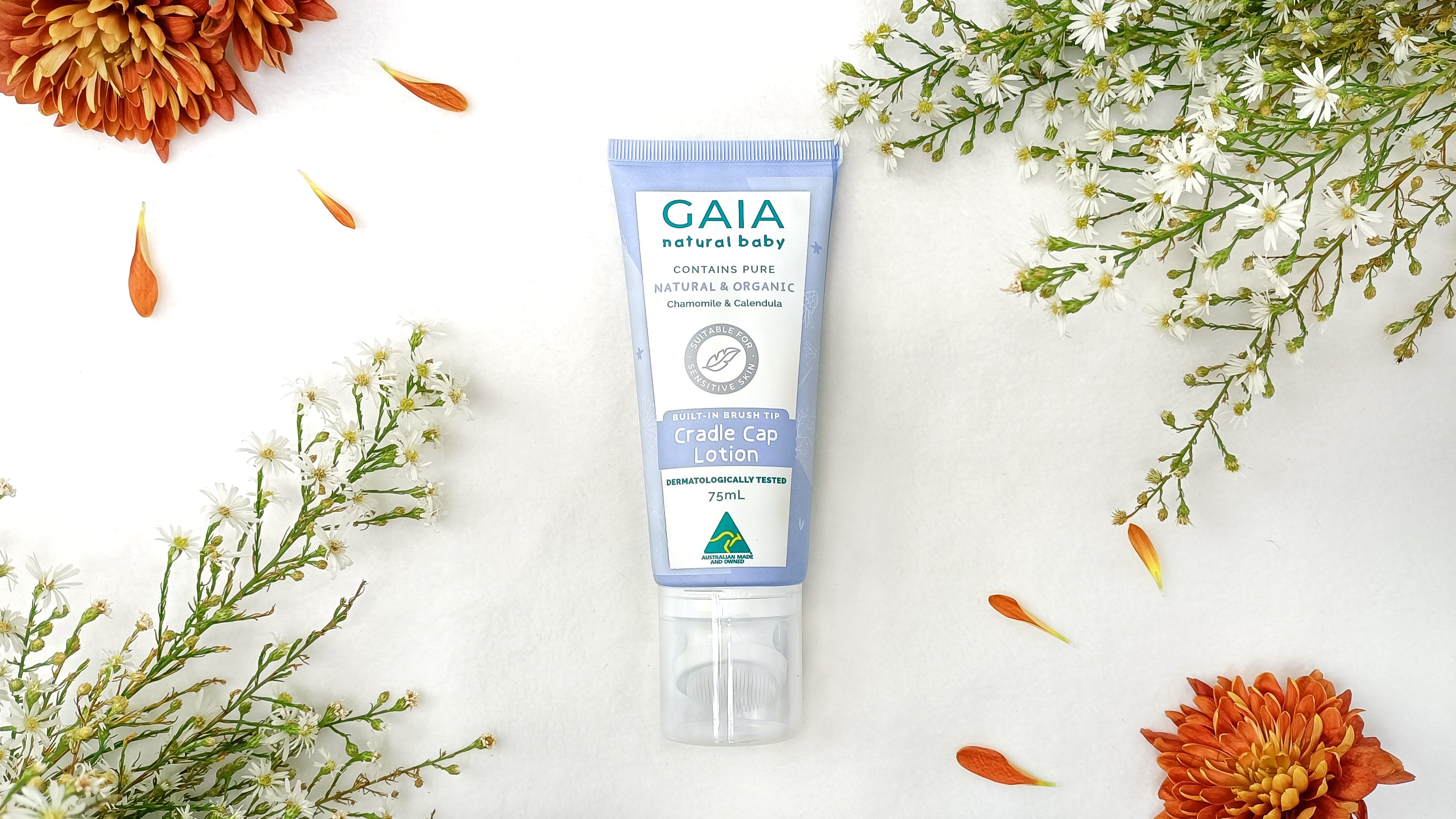Baby Cradle Cap Lotion for soothing and treating flaky infant scalp, gentle natural formula by GAIA Skin Naturals
